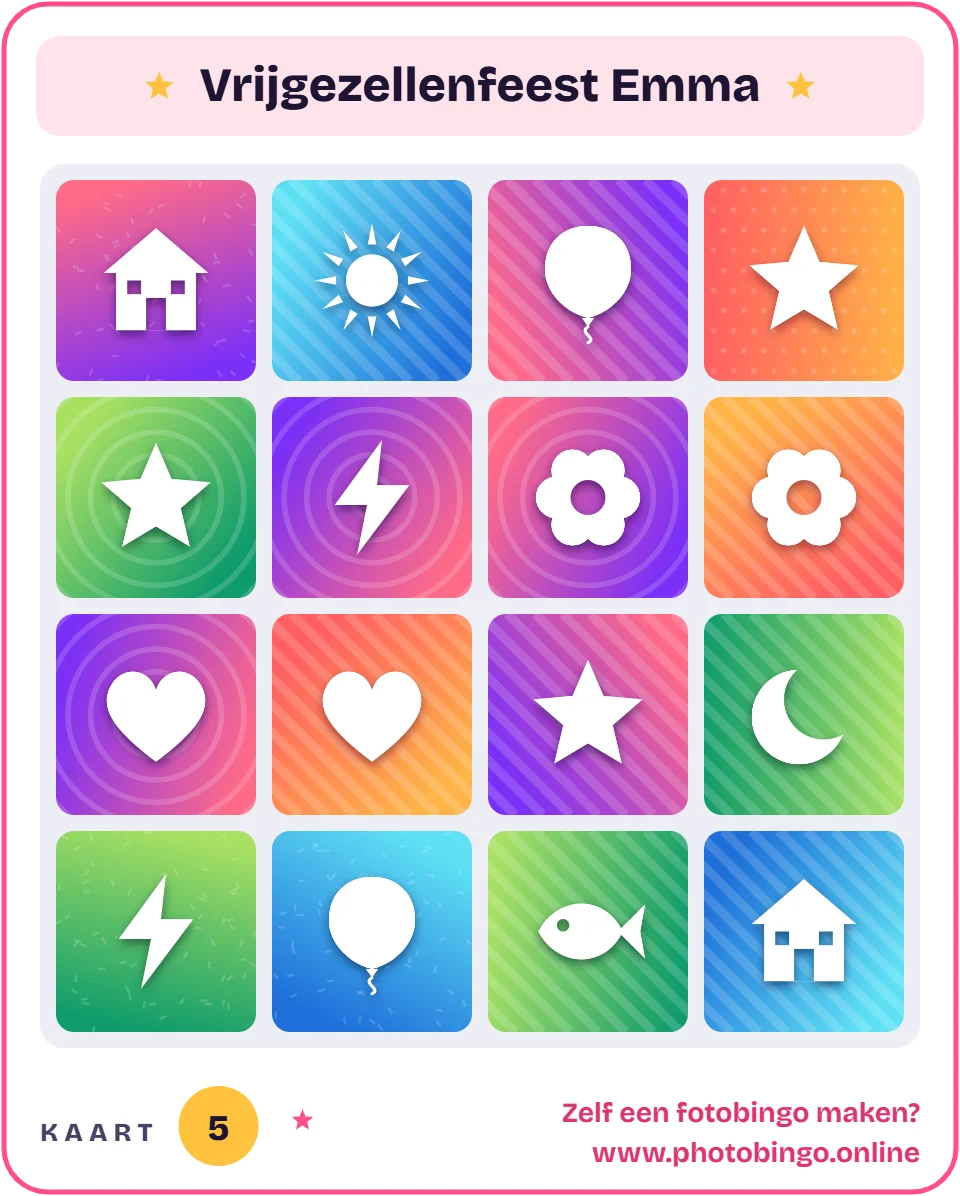 Voorbeeld van een bingokaart met foto’s – fotobingo voor een vrijgezellenfeest